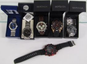 6 men's Sekonda watches - 1525 digital, 03405 with date, 3846 with date, 3407H chronograph, N3490