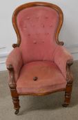 Victorian button back armchair with scroll arms & turned legs (castor required re-attachment)