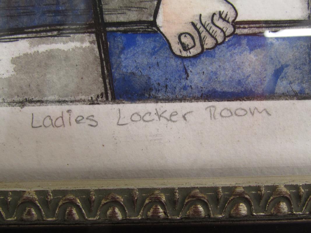 Framed Adair Peck 'Ladies Locker Room' limited edition hand painted etching 3/30 - approx. 63cm x - Image 4 of 6