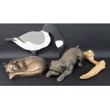 Carved wooden lizard, bronze effect terrier, sleeping cat & wooden goose