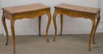 Pair of 19th century French fold over card tables with marquetry inlay & ormolu mounts on cabriole