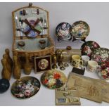 Collection of items includes wicker picnic basket, wooden skittles, Wedgwood floral collectors