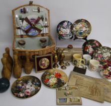 Collection of items includes wicker picnic basket, wooden skittles, Wedgwood floral collectors