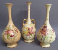 Pair of Royal Worcester blush ivory long necked vases 307 and a long necked twin handled vase 957