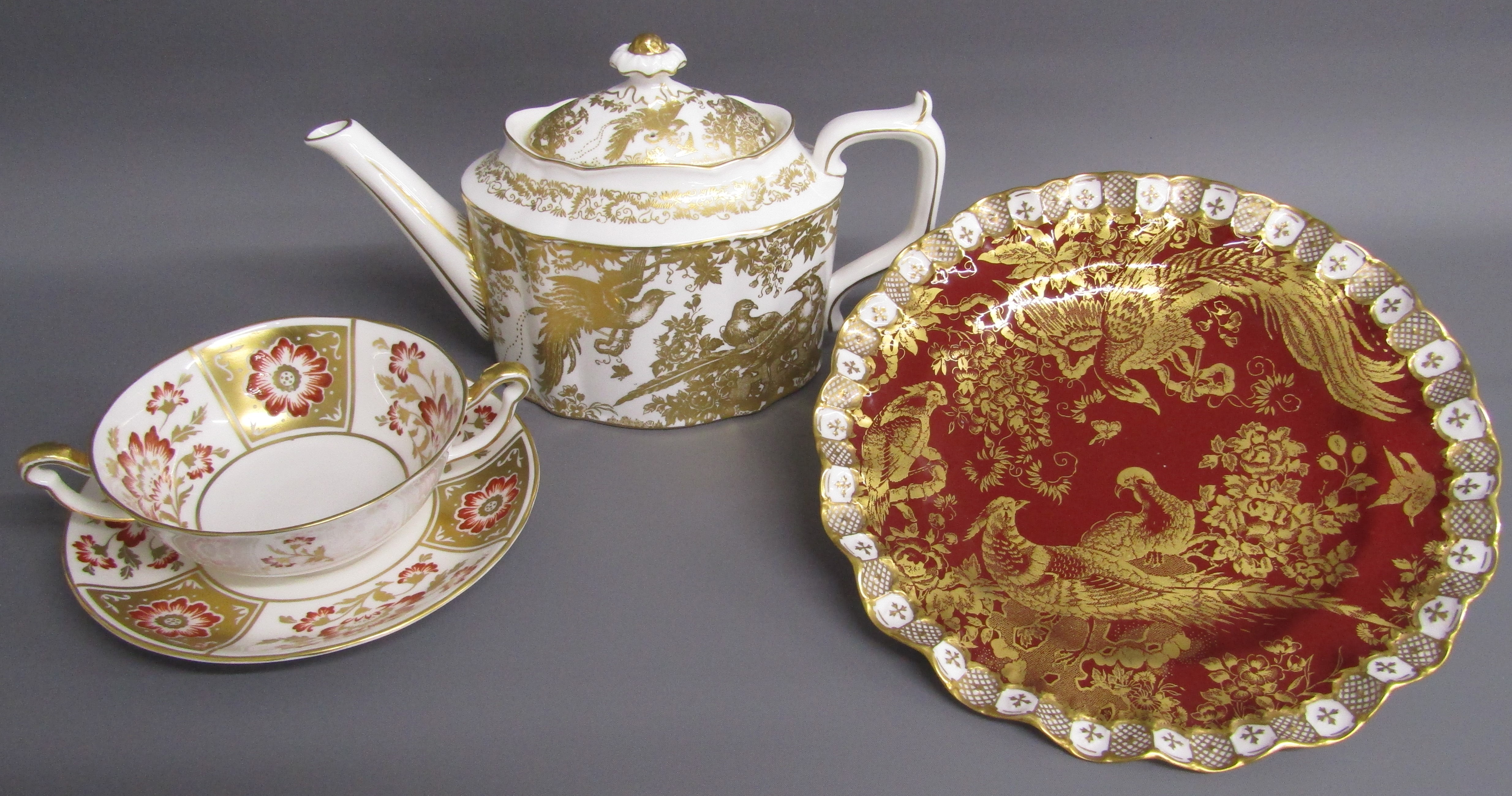 Royal Crown Derby 'Gold Aves' teapot, 'Red Derby Panel' soup bowl and saucer and red and gold