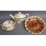 Royal Crown Derby 'Gold Aves' teapot, 'Red Derby Panel' soup bowl and saucer and red and gold