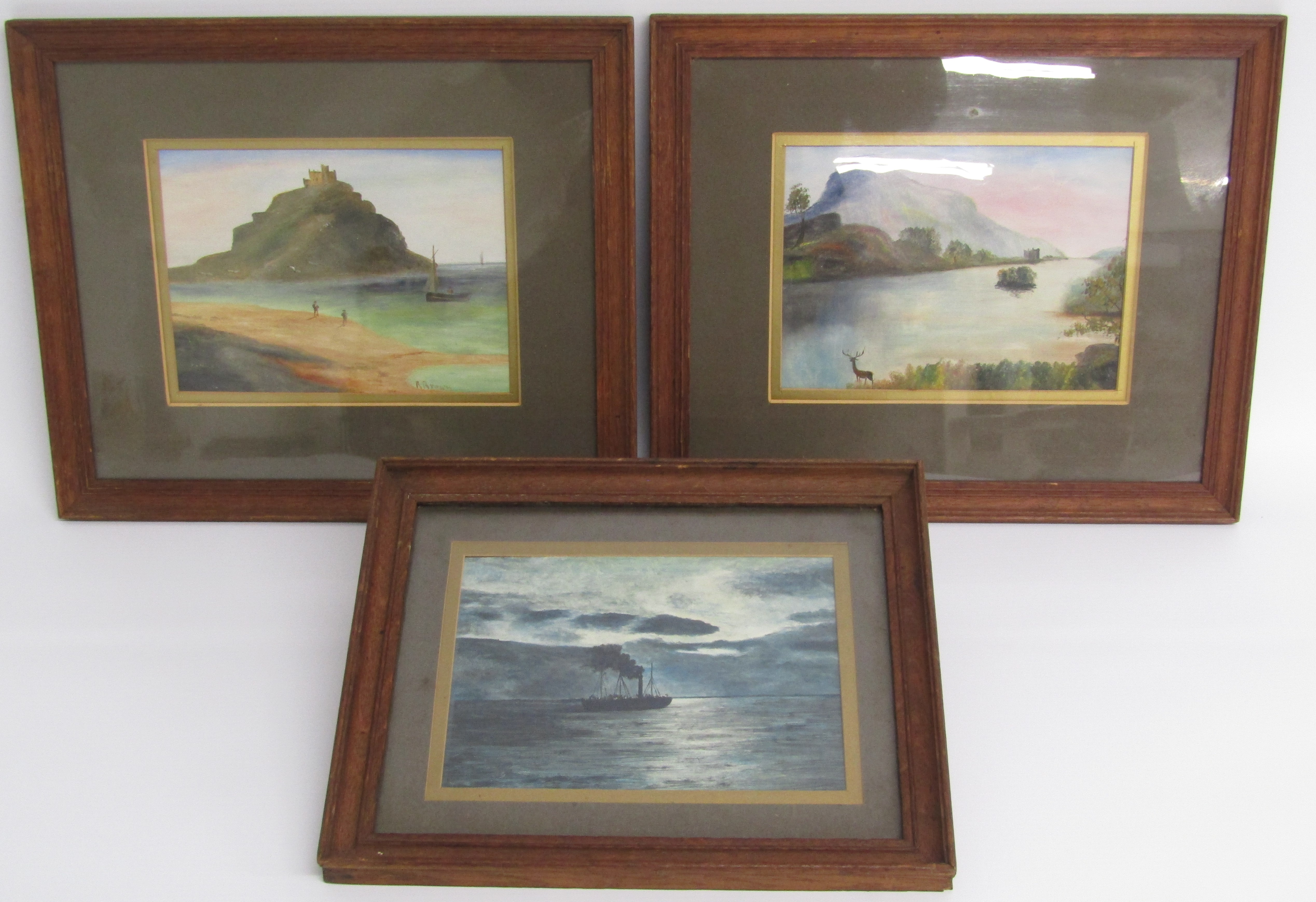 3 oil on boards - St Michael's Mount Cornwall with sailing boats and people on Marazion shore signed