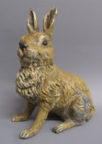 Cold-painted metal hare / rabbit inkwell with ceramic liner - approx. 13cm high