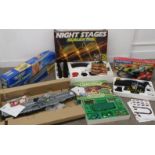 Scalextric Night stages, Micro Machines Sea Launch Command with planes, Subbuteo Europa Cup and