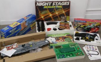 Scalextric Night stages, Micro Machines Sea Launch Command with planes, Subbuteo Europa Cup and