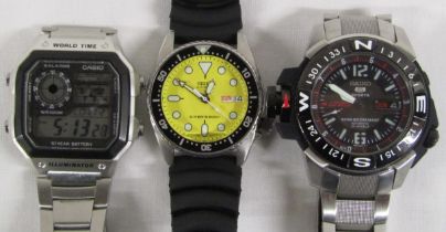 3 men's watches - Casio Illuminator (currently working) - Seiko automatic Diver's with day/date (