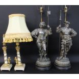 Pair of large decorative cavalier table lamp bases 82cm high & pair of gilt metal & marble table