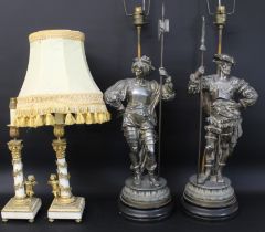 Pair of large decorative cavalier table lamp bases 82cm high & pair of gilt metal & marble table