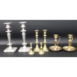 Four pairs of candlesticks including brass set with registered date 1893