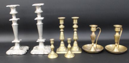 Four pairs of candlesticks including brass set with registered date 1893