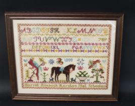 Framed Victorian sampler by Harriet Roebuck Royston Nat School 1888 51 cm x 42.5 cm (size