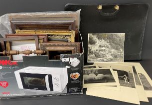 Assortment of picture frames, old black & white photographs of farmyard animals & a folio carry