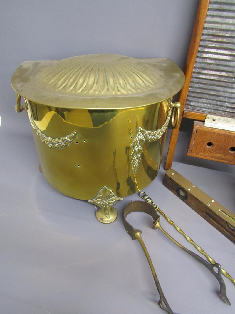W.Marples & Sons spirit level, brass coal bucket, tongs, metal wash dolly and toasting fork - Image 2 of 4