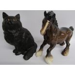 Matt black Beswick Persian cat 1867 and Beswick Shire horse