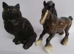 Matt black Beswick Persian cat 1867 and Beswick Shire horse