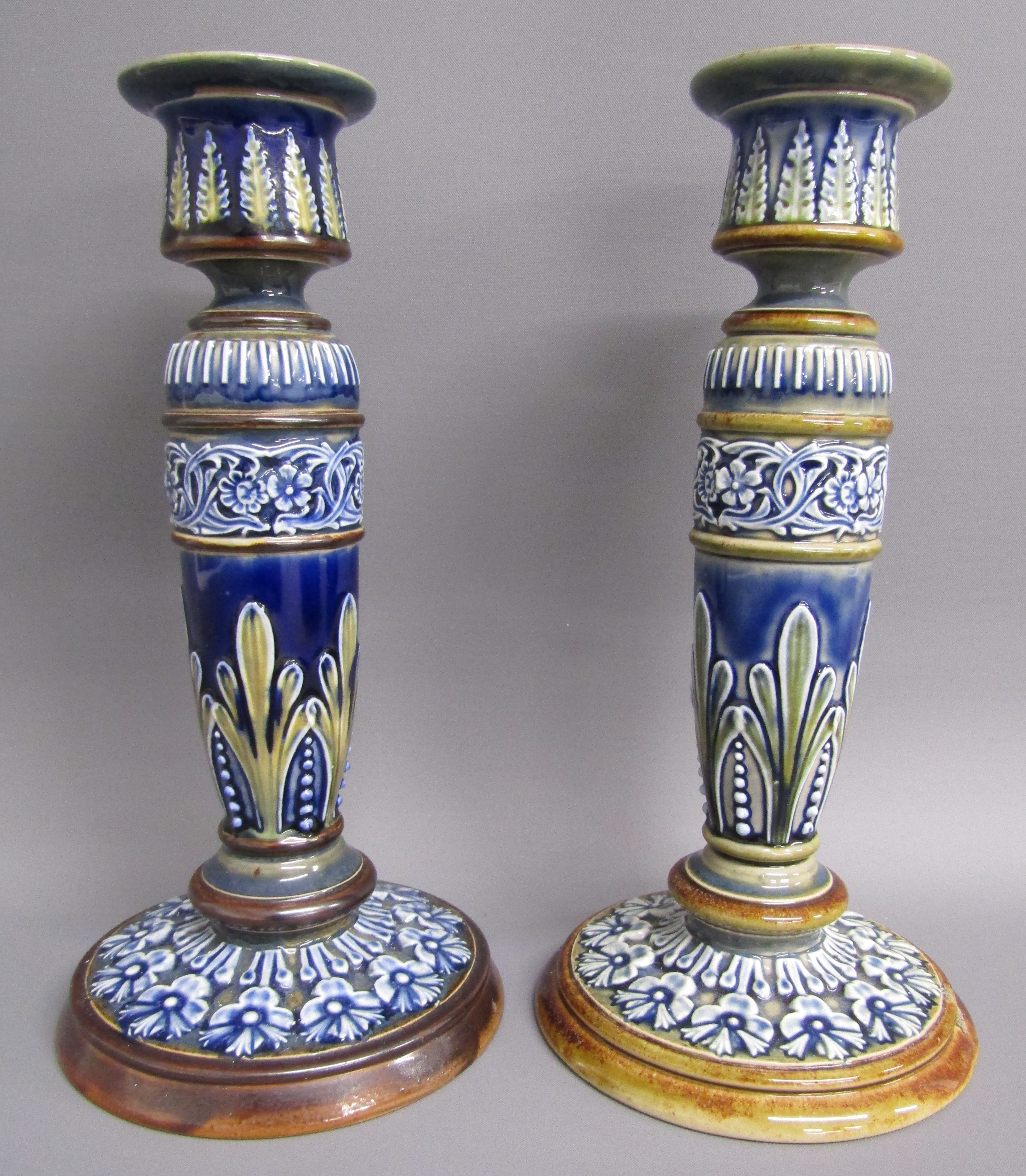 Pair of Royal Doulton Lambeth Ware candlesticks & bowl (marked 1881) - Image 2 of 9