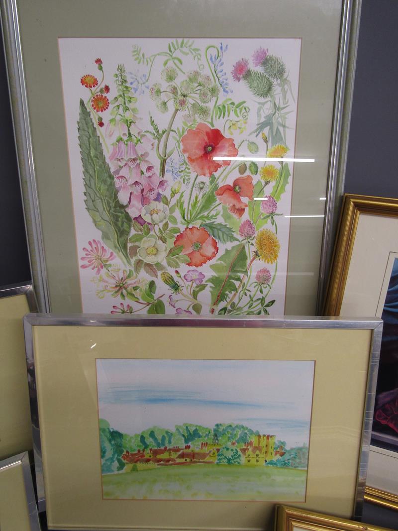 Framed watercolour of flowers signed V Mulvehill, 3 unsigned water colours and 2 framed prints - Image 3 of 5