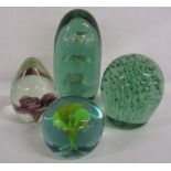 2 green glass dump paperweights & 2 others with flower design
