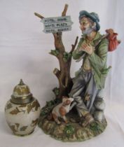 Large Capodimonte figure of a traveller signed Maria Angel and painted brass vase with cover
