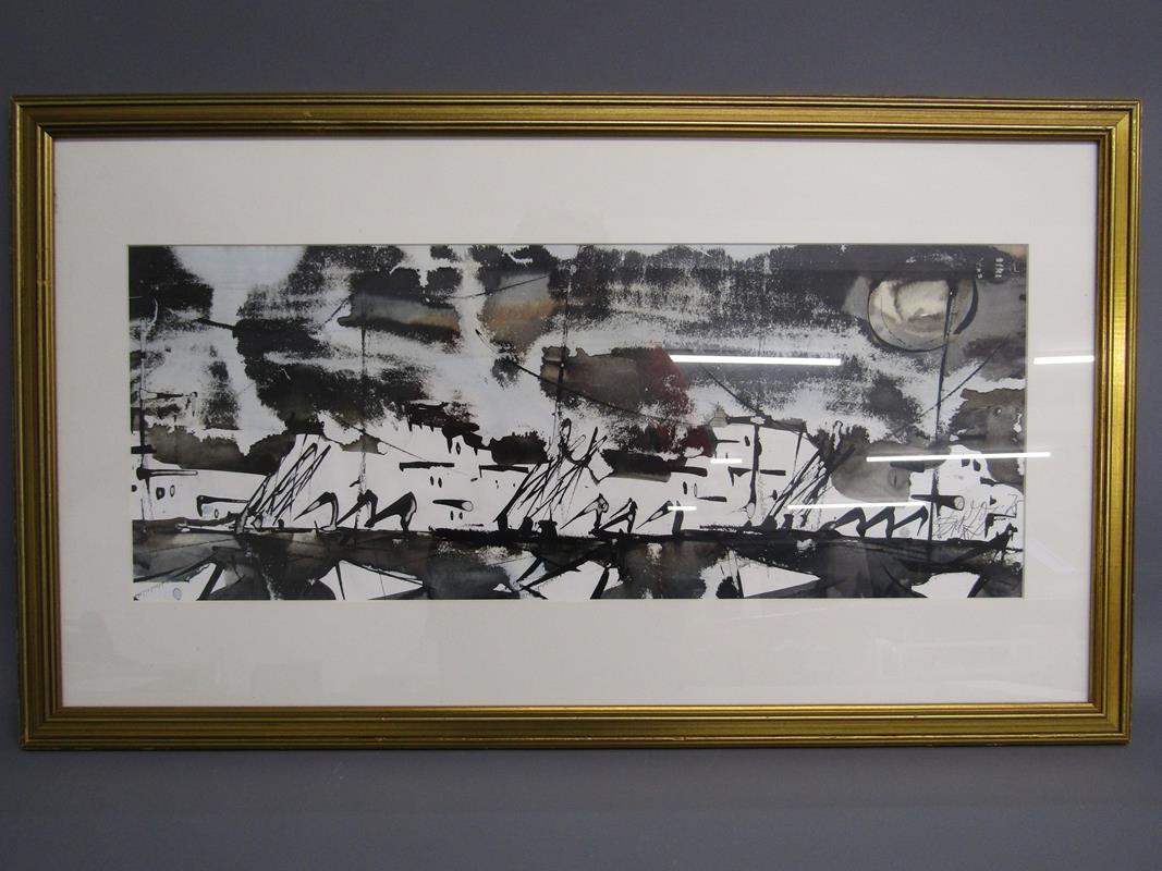 Abstract watercolour & gouache painting of boats in a harbour studio stamped and signed indistinctly - Image 2 of 5