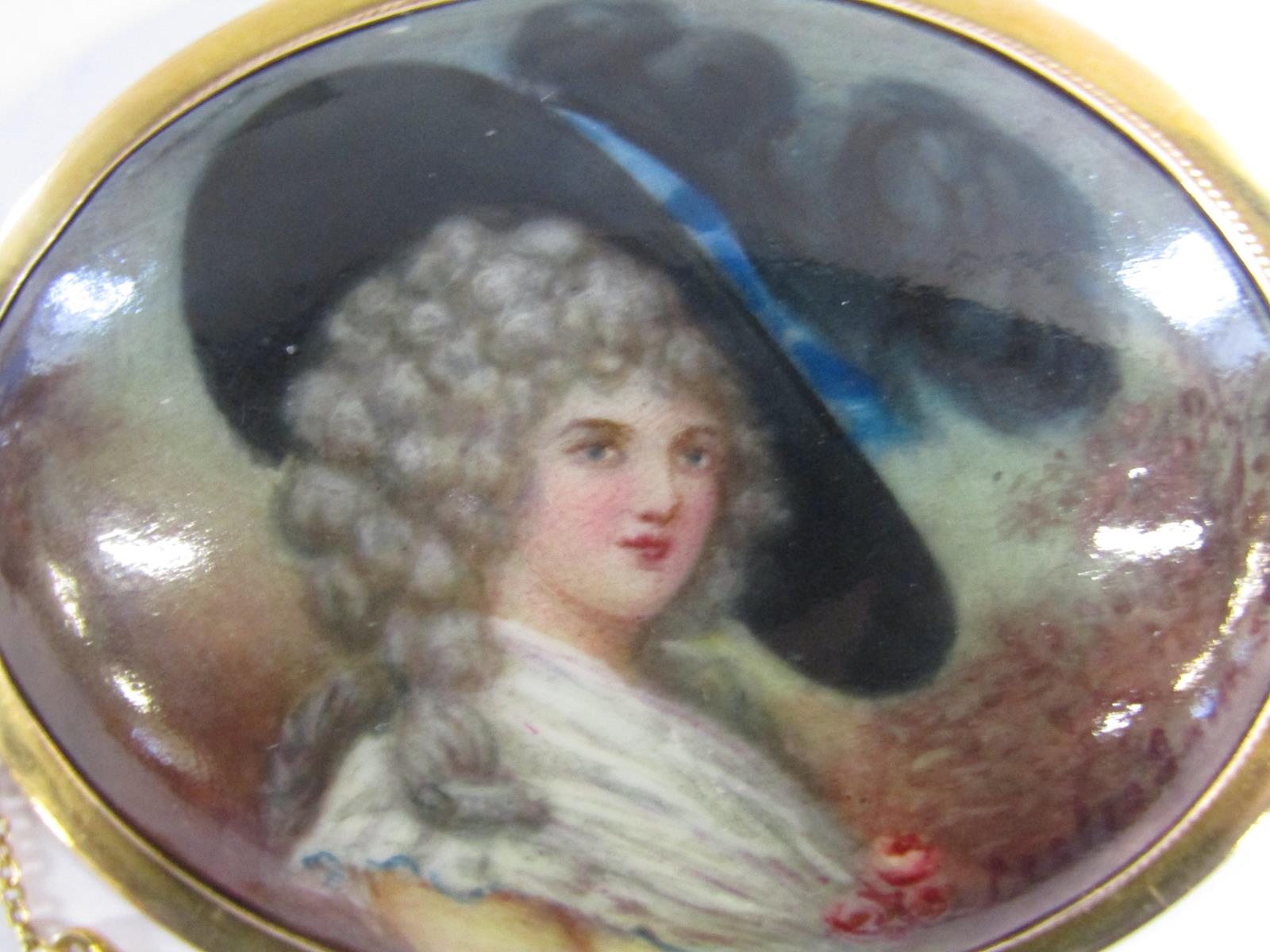 9ct mounted hand painted portrait brooch - signed Leslie Johnson 1919, written on reverse - - Image 3 of 4