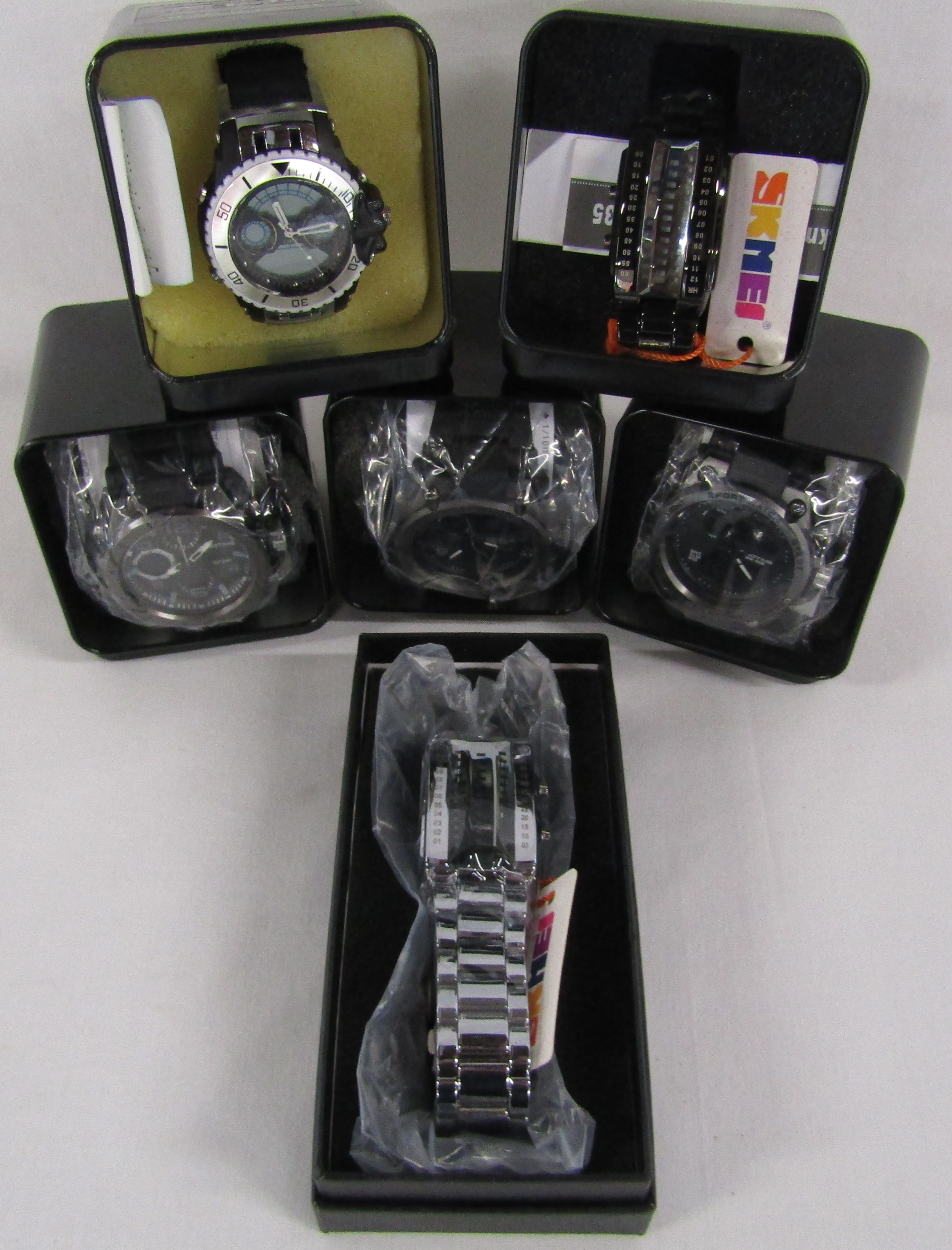 6 men's cased watches - 2 x Finotime 739 - Finotime 6008 - Ohsen AD603 - 2 x Skmei 1013
