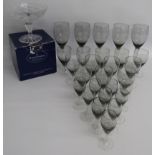 Smokey twisted stem glasses - 5 wine glasses, 12 port glasses, 10 sherry glasses and Royal Doulton