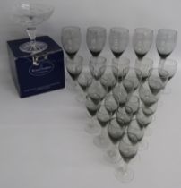 Smokey twisted stem glasses - 5 wine glasses, 12 port glasses, 10 sherry glasses and Royal Doulton