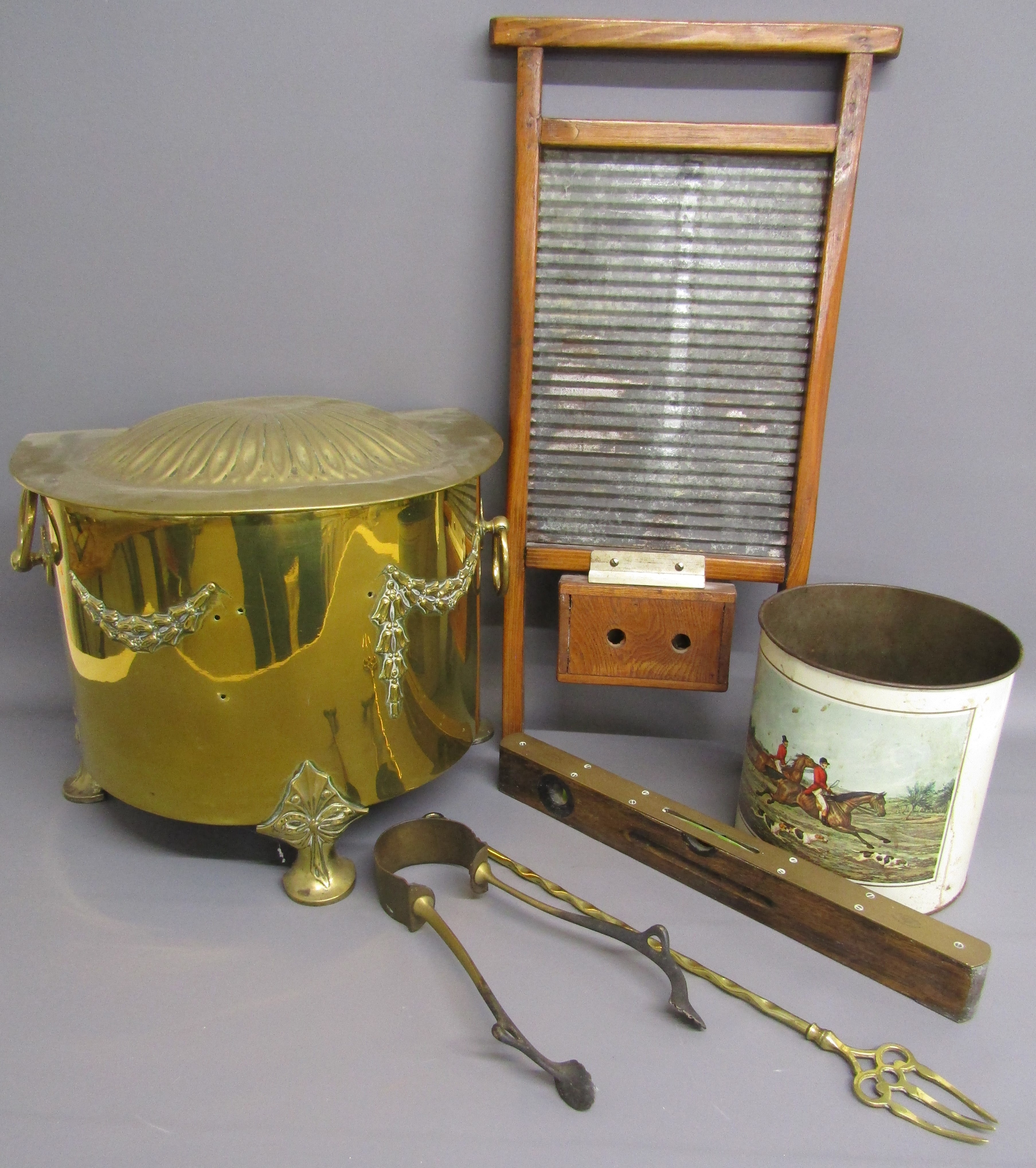 W.Marples & Sons spirit level, brass coal bucket, tongs, metal wash dolly and toasting fork