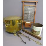 W.Marples & Sons spirit level, brass coal bucket, tongs, metal wash dolly and toasting fork