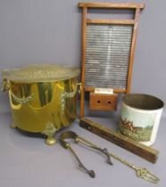 W.Marples & Sons spirit level, brass coal bucket, tongs, metal wash dolly and toasting fork