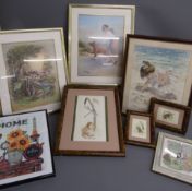 Collection of cross stitch and 2 Vicente Roso prints