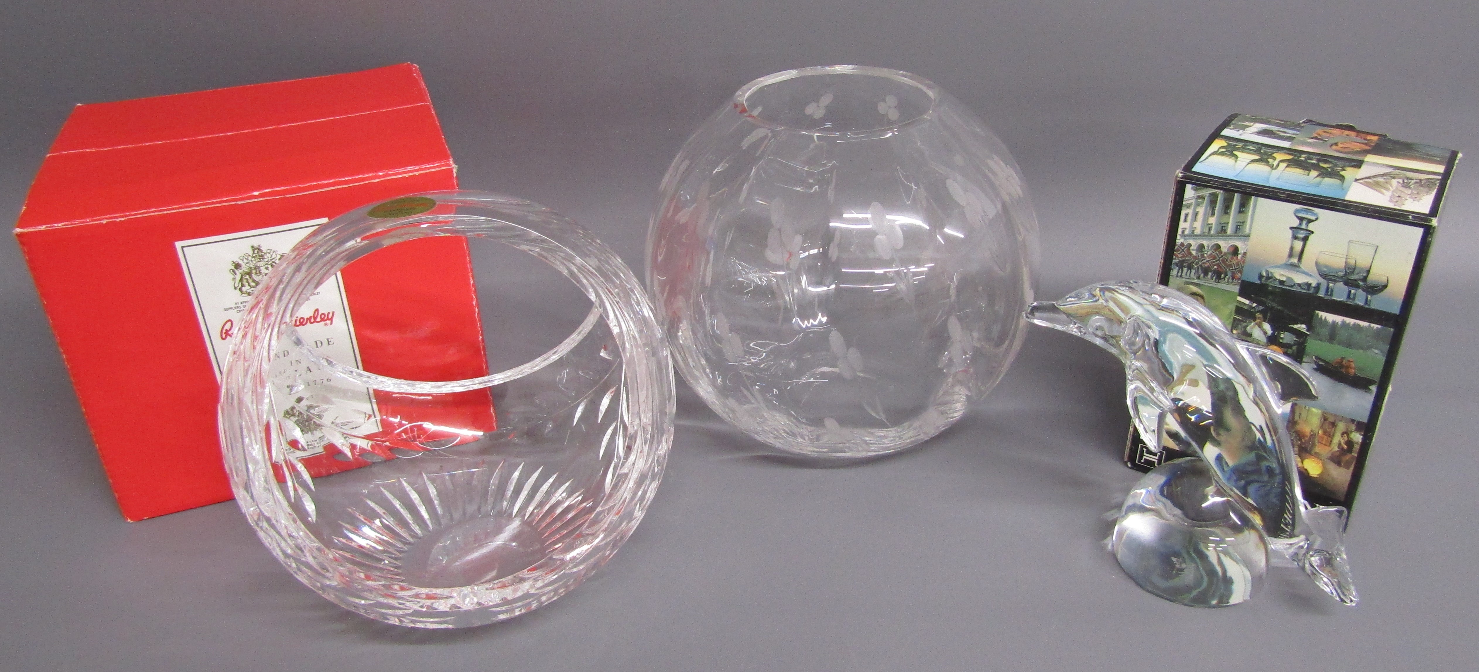Royal Brierley crystal basket dish, Hadeland dolphin figure and bowl with etched flowers