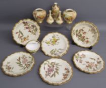 6 Royal Worcester gold rimmed flower design plates 1416, handled dish 5171, 2 small twin handled