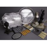 Collection of silver plate includes trays and cutlery also a dressing table part set, spelter figure