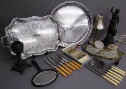 Collection of silver plate includes trays and cutlery also a dressing table part set, spelter figure