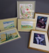 Framed watercolour of flowers signed V Mulvehill, 3 unsigned water colours and 2 framed prints