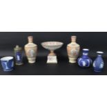 Selection of Wedgwood dark blue jasperware & Continental textured porcelain garniture