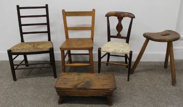 Rush seated child's chair & 2 others, wooden stool & foot stool
