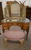 Queen Anne style kidney shape dressing table (W105cm Ht 75cm) with triptych mirror with oval stool