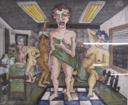 Framed Adair Peck 'Ladies Locker Room' limited edition hand painted etching 3/30 - approx. 63cm x