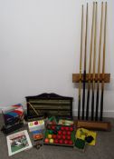 Snooker equipment includes BCE scoreboard and table iron 1623T, balls, brush, cues, Jimmy White 2