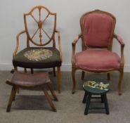 Open armchair, Hepplewhite style carver dining chair & 2 stools