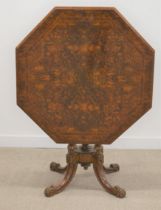 Victorian octagonal tilt top table with burr walnut veneer