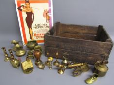 AW Squires wooden crate, Audrey Hepburn tin poster and selection of brass and metal ware